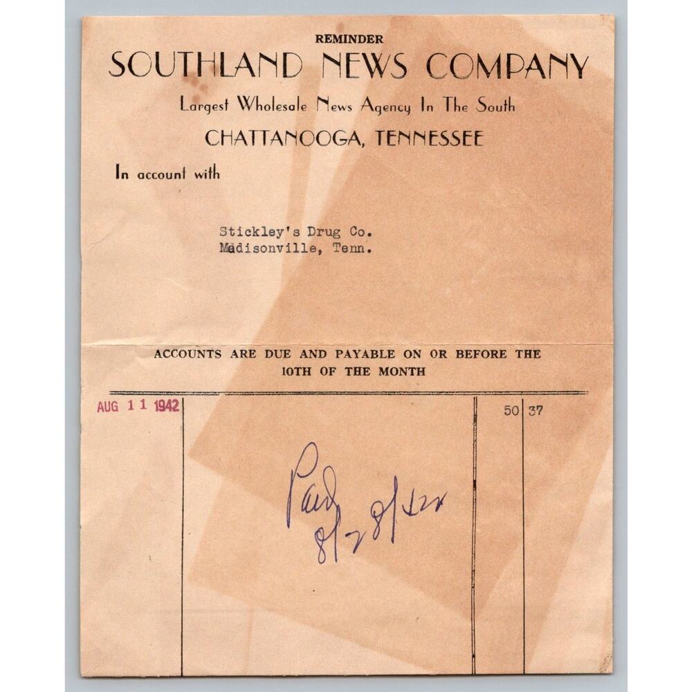 1942 Southland News Company Reminder Chattanooga Tn Ephemera Invoice Billhead